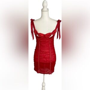 🔥 Victoria’s Secret Red Ruched Mesh Slip Dress | Sexy Lingerie Chemise .